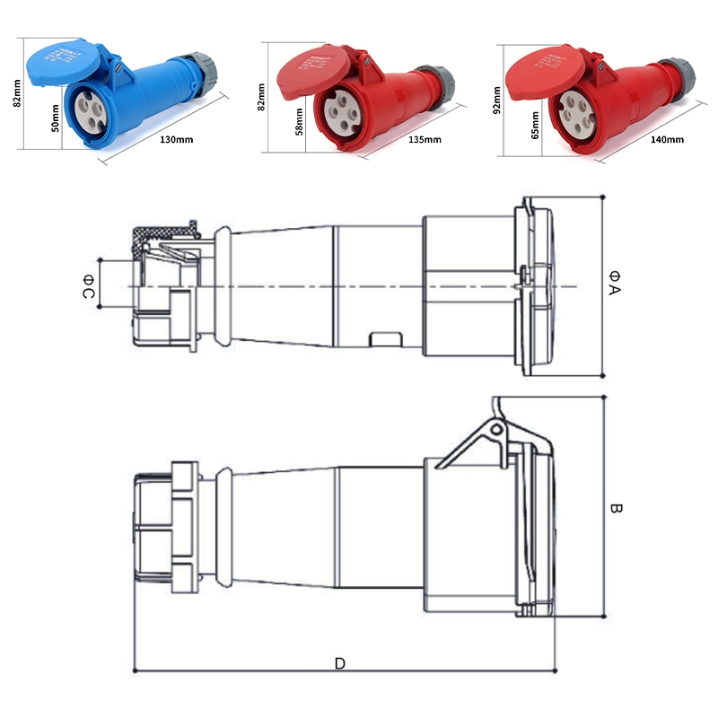 Industriestecker IP44-Buchse, wasserdicht, männlich und weiblich, Luftfahrt-Industriestecker, 3-adrig, 4-adrig, 5-adrig, 16A, Größentabelle-