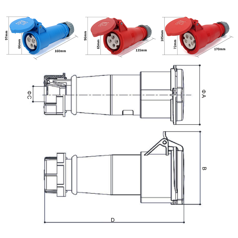 Industriestecker IP44-Buchse, wasserdicht, männlich und weiblich, Luftfahrt-Industriestecker, 3-adrig, 4-adrig, 5-adrig, 32A, Größentabelle-