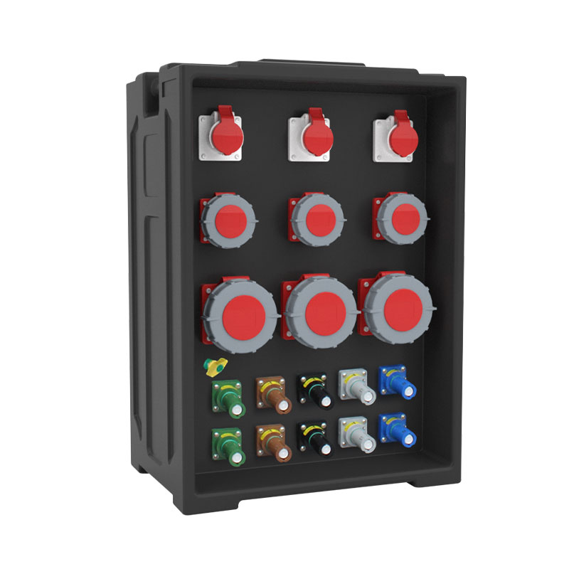 PHLTD anpassbare tragbare Bühnenbeleuchtungsverteilungsbox mit 9 Industrieschukosteckern (16A und 63A) und 10 Powerlock-Steckern