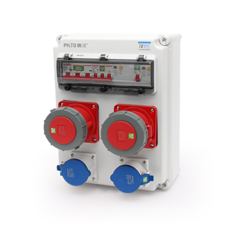 PHLTD IP44 wasserdichte wandmontierte Stromwartungsbox mit 5P 63A und 3P 16A Industrie-Steckdosen, ausgestattet mit Luftschalter und Fehlerstromschutz, Größe 400×300×160mm