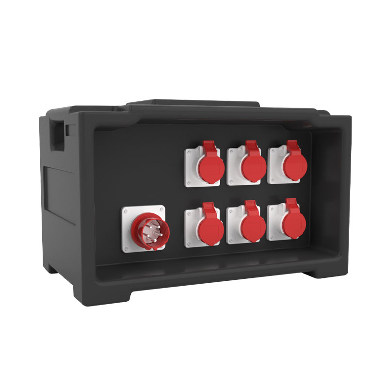 PHLTD Bühnen-Verteilungsbox mit sechs roten Industrie-Steckdosen und einem fünfpoligen Industrie-Stecker
