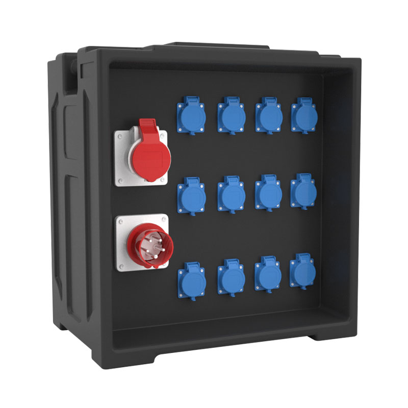 PHLTD große Bühnen-LED-Stromverteilungsbox mit 12 Schuko-Steckdosen, 1 roter Industriesockel und 1 Fünf-Pol-Stecker
