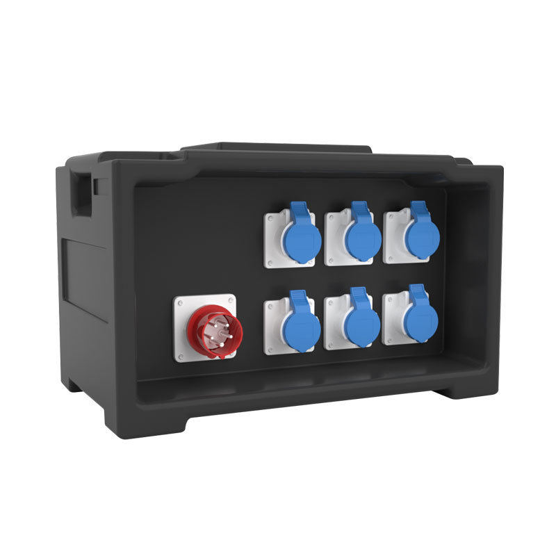 PHLTD Stromverteilungsbox mit sechs blauen Industrie-Steckdosen und einem 5-poligen Stecker