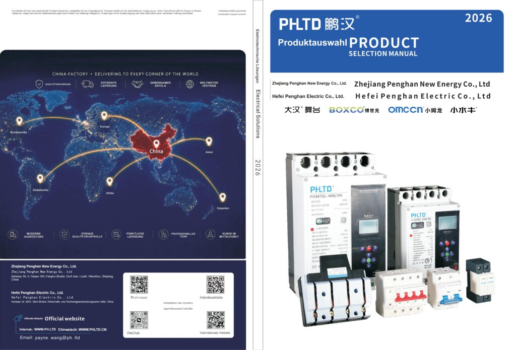 Vorder- und Rückseite eines PHLTD Penghan Produktkatalogs mit Schutzschaltern und einer Weltkarte