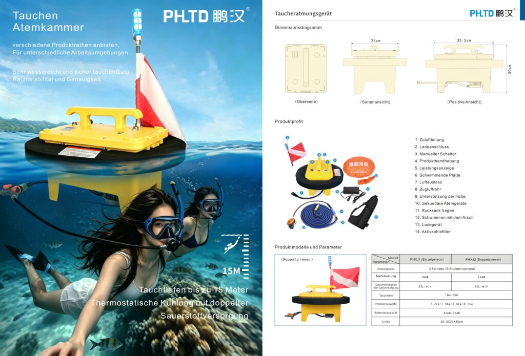PHLTD Penghan Katalogseiten mit gelbem schwimmendem Tauchgerät, Tauchern, Abmessungen und technischen Tabellen
